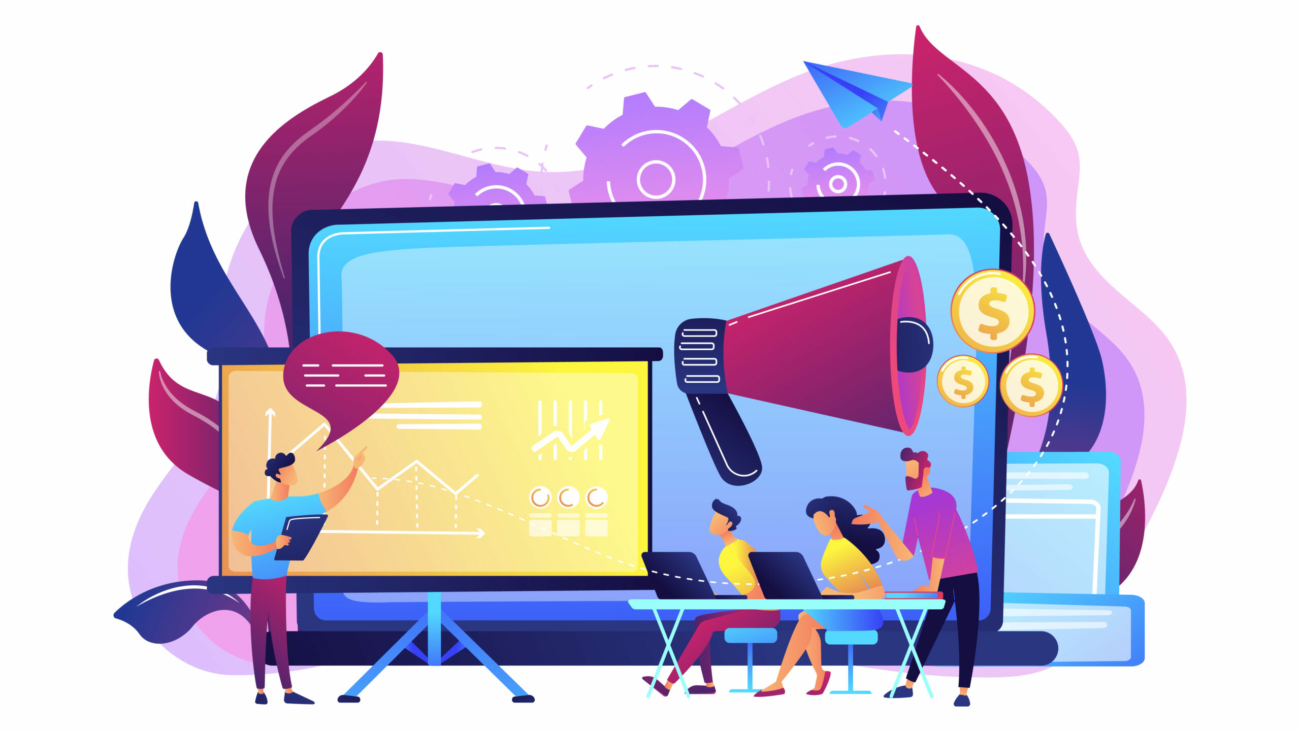 Marketeers learning from fellow professionals at meetup with presentation board. Marketing meetup, sharing experience, marketing expertise concept. Bright vibrant violet vector isolated illustration